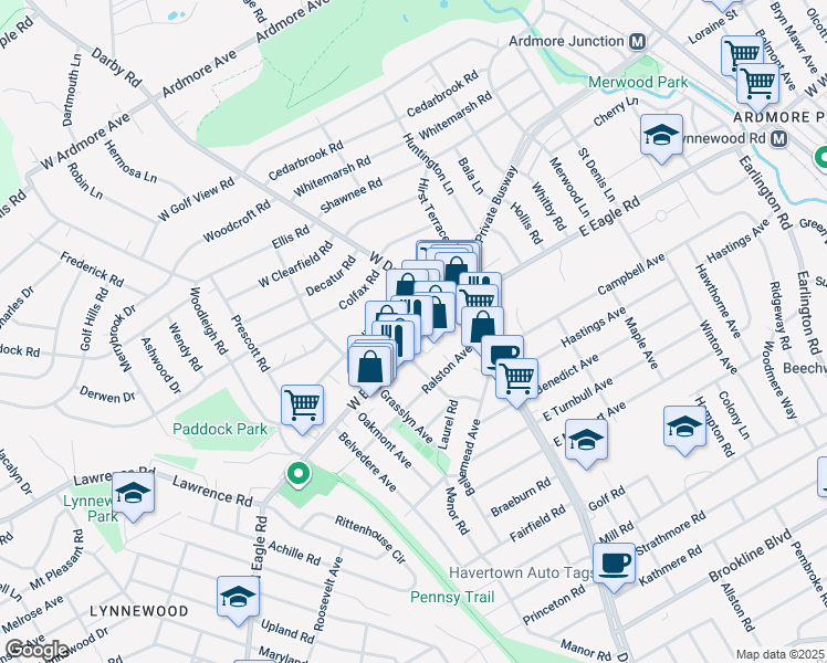 map of restaurants, bars, coffee shops, grocery stores, and more near 30 West Eagle Road in Havertown