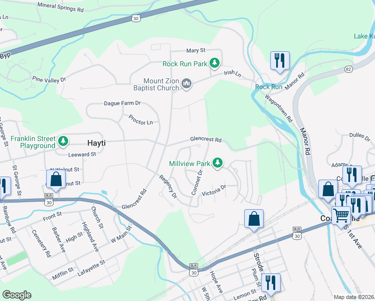 map of restaurants, bars, coffee shops, grocery stores, and more near 131 Wesley Lane in Coatesville