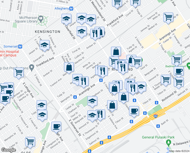 map of restaurants, bars, coffee shops, grocery stores, and more near 3085 Agate Street in Philadelphia