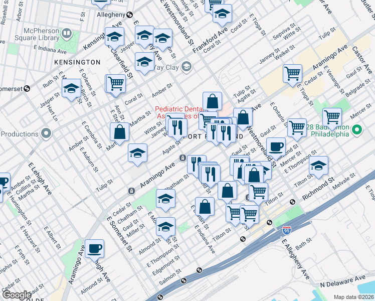 map of restaurants, bars, coffee shops, grocery stores, and more near 3114 Aramingo Avenue in Philadelphia