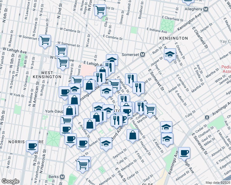 map of restaurants, bars, coffee shops, grocery stores, and more near 1930 East Huntingdon Street in Philadelphia