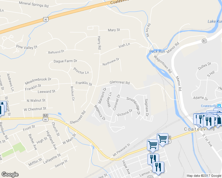 map of restaurants, bars, coffee shops, grocery stores, and more near 131 Wesley Lane in Coatesville
