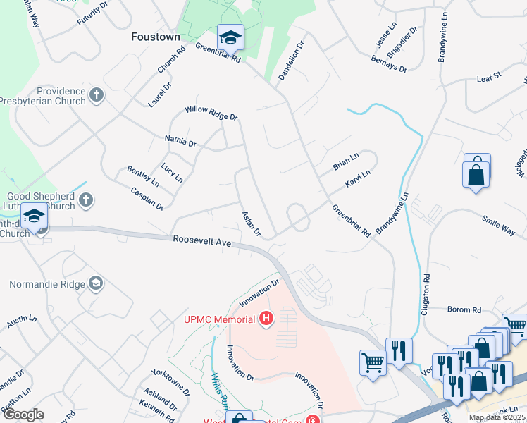 map of restaurants, bars, coffee shops, grocery stores, and more near 738 Willow Ridge Drive in York