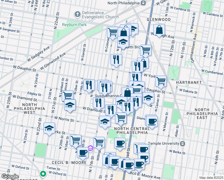 map of restaurants, bars, coffee shops, grocery stores, and more near 2243 North Bancroft Street in Philadelphia
