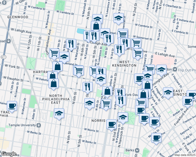 map of restaurants, bars, coffee shops, grocery stores, and more near 2404 North Leithgow Street in Philadelphia