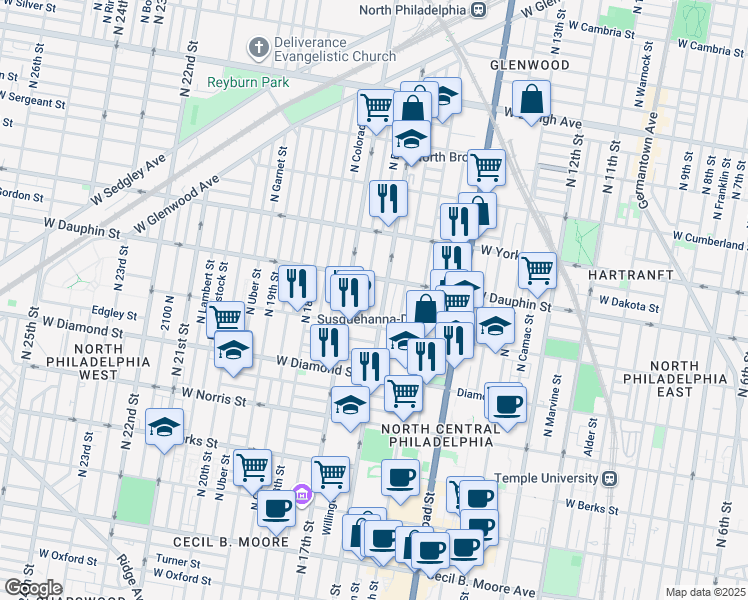map of restaurants, bars, coffee shops, grocery stores, and more near 2243 North Bancroft Street in Philadelphia