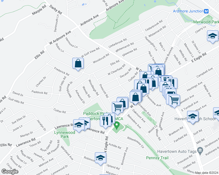 map of restaurants, bars, coffee shops, grocery stores, and more near 132 Colfax Road in Havertown