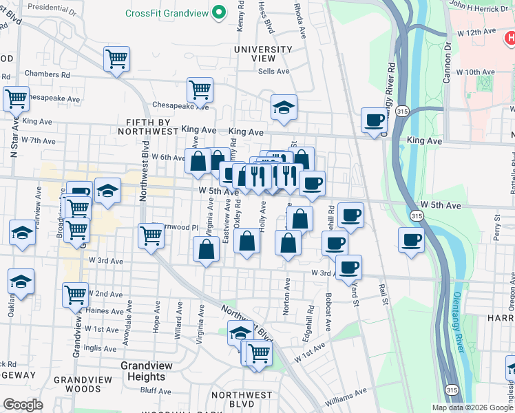map of restaurants, bars, coffee shops, grocery stores, and more near 1401 Holly Avenue in Columbus