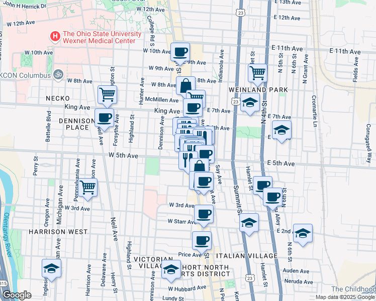 map of restaurants, bars, coffee shops, grocery stores, and more near in Columbus