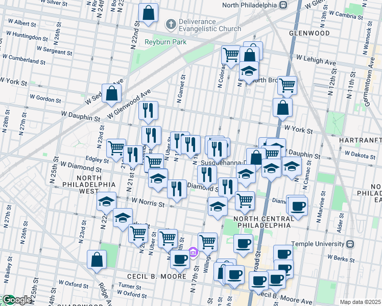 map of restaurants, bars, coffee shops, grocery stores, and more near 2219 North Cleveland Street in Philadelphia