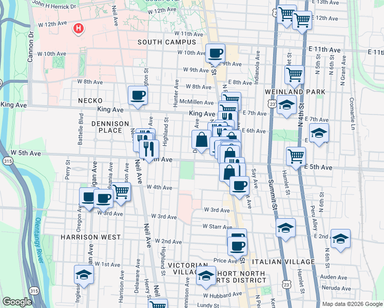 map of restaurants, bars, coffee shops, grocery stores, and more near 1189 Dennison Avenue in Columbus