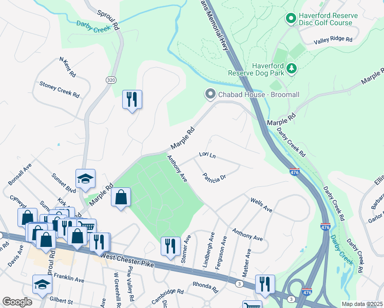 map of restaurants, bars, coffee shops, grocery stores, and more near 107 Lori Lane in Broomall