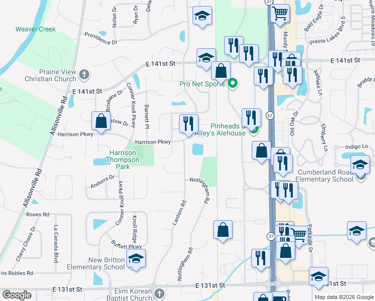 map of restaurants, bars, coffee shops, grocery stores, and more near 14015 Lantern Road in Fishers