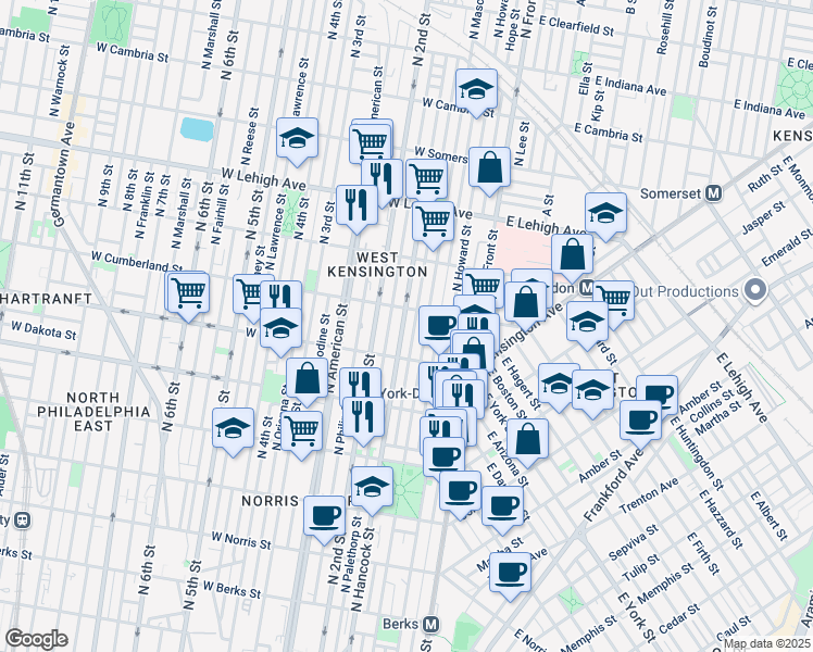 map of restaurants, bars, coffee shops, grocery stores, and more near 2443 North Hancock Street in Philadelphia