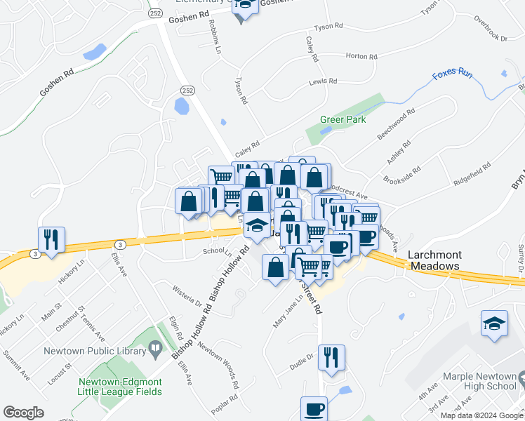 map of restaurants, bars, coffee shops, grocery stores, and more near 15 North Newtown Street Road in Newtown Square