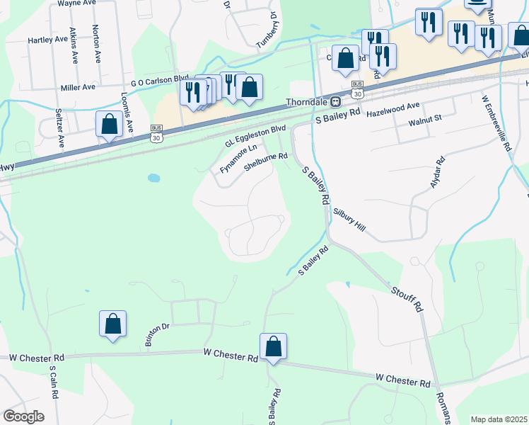 map of restaurants, bars, coffee shops, grocery stores, and more near 2913 Honeymead Road in Downingtown