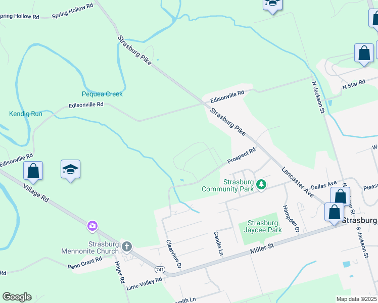map of restaurants, bars, coffee shops, grocery stores, and more near 43 Old Orchard Road in Strasburg