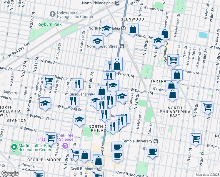 map of restaurants, bars, coffee shops, grocery stores, and more near 2256 North Broad Street in Philadelphia