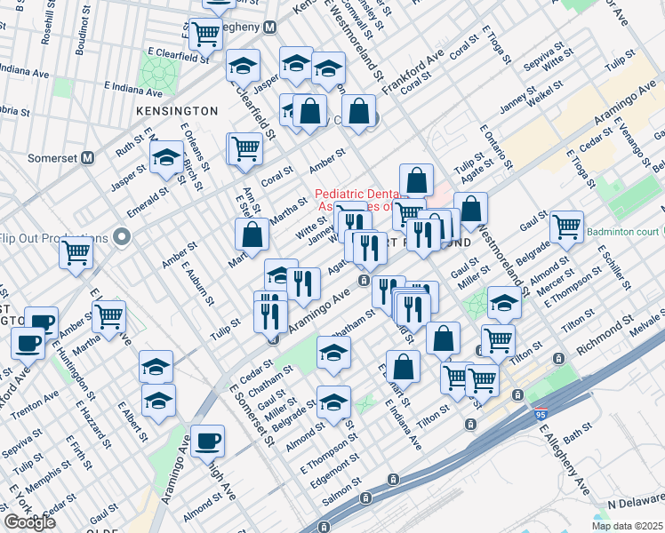 map of restaurants, bars, coffee shops, grocery stores, and more near 3038 Memphis Street in Philadelphia