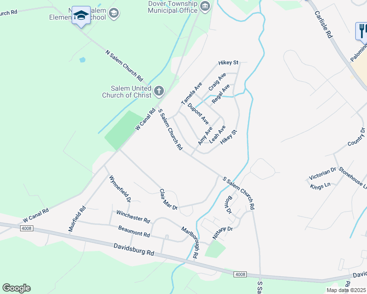 map of restaurants, bars, coffee shops, grocery stores, and more near 4775 Hikey Street in Dover