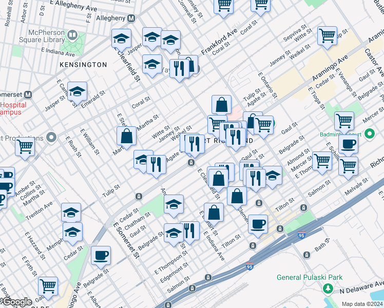 map of restaurants, bars, coffee shops, grocery stores, and more near 2333 East Clearfield Street in Philadelphia