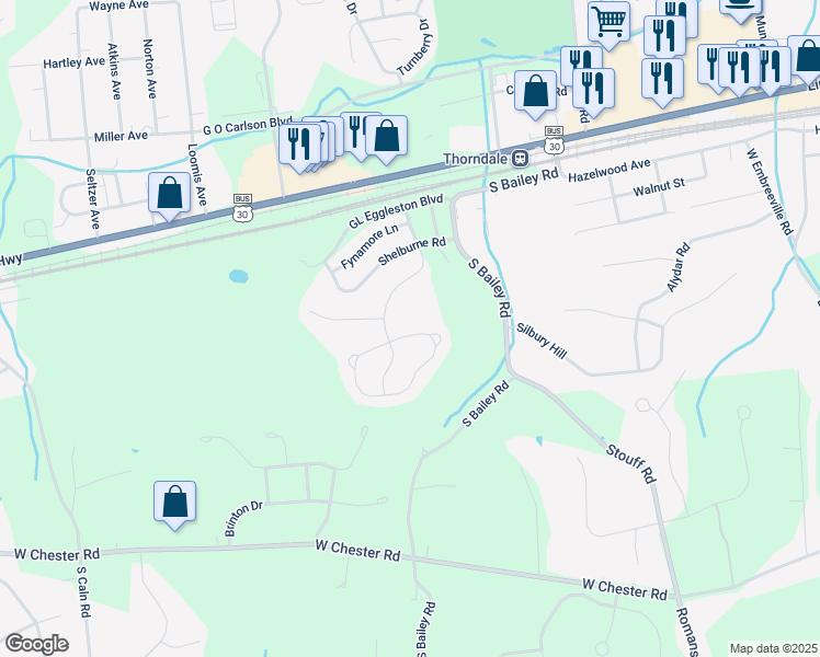 map of restaurants, bars, coffee shops, grocery stores, and more near 2913 Honeymead Road in Downingtown