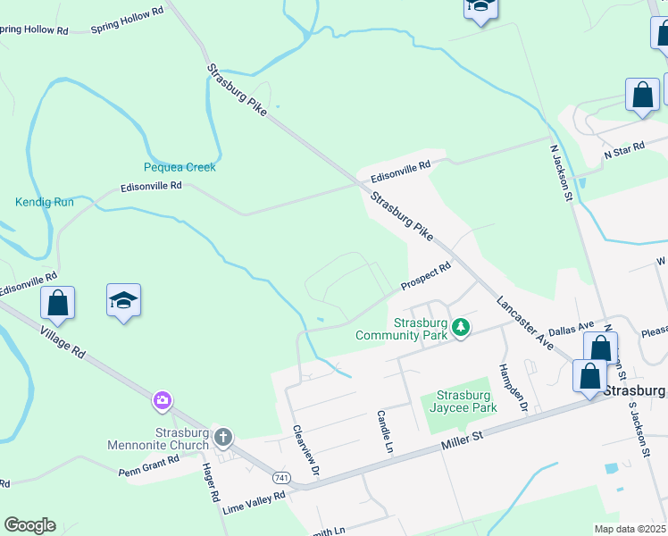 map of restaurants, bars, coffee shops, grocery stores, and more near 43 Old Orchard Road in Strasburg