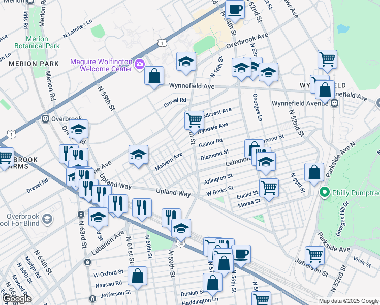 map of restaurants, bars, coffee shops, grocery stores, and more near 5708 Malvern Avenue in Philadelphia
