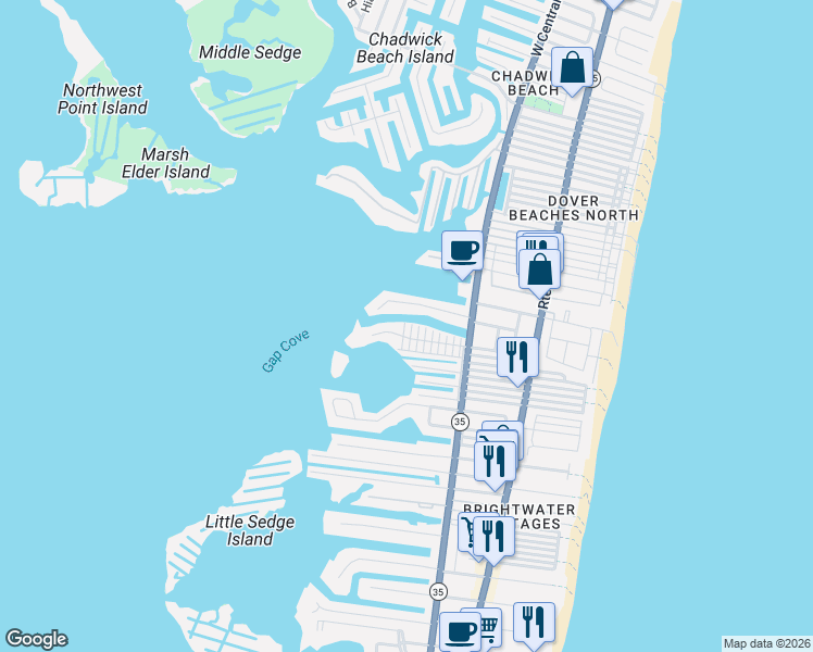 map of restaurants, bars, coffee shops, grocery stores, and more near 226 Gull Lane in Lavallette