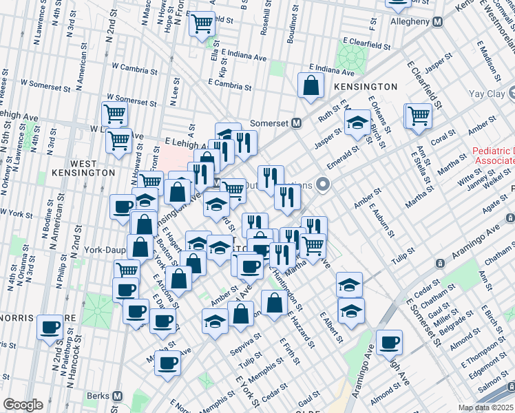 map of restaurants, bars, coffee shops, grocery stores, and more near 1933 East Albert Street in Philadelphia