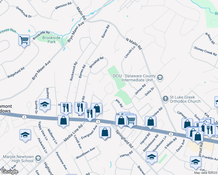 map of restaurants, bars, coffee shops, grocery stores, and more near 119 Newby Drive in Delaware County