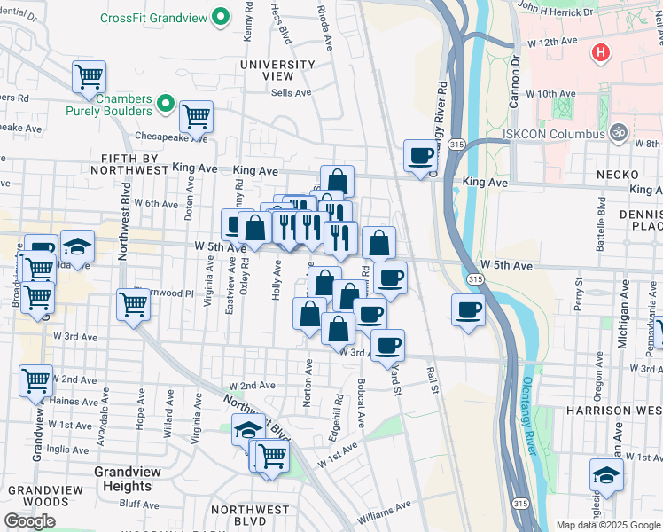 map of restaurants, bars, coffee shops, grocery stores, and more near 1399 Delashmut Avenue in Columbus