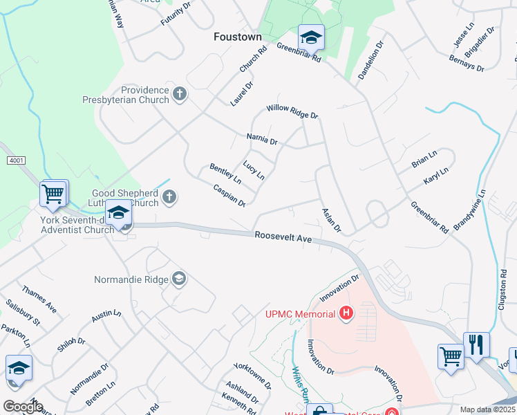 map of restaurants, bars, coffee shops, grocery stores, and more near 1112 Caspian Drive in York