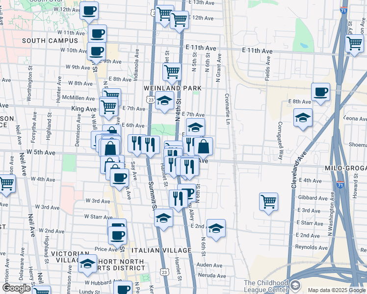 map of restaurants, bars, coffee shops, grocery stores, and more near 1206 North 4th Street in Columbus