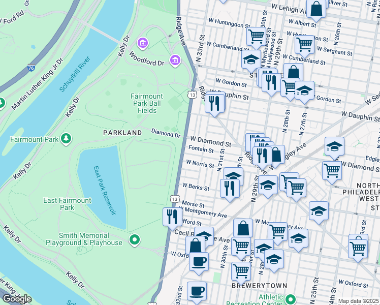 map of restaurants, bars, coffee shops, grocery stores, and more near 3237 Page Street in Philadelphia
