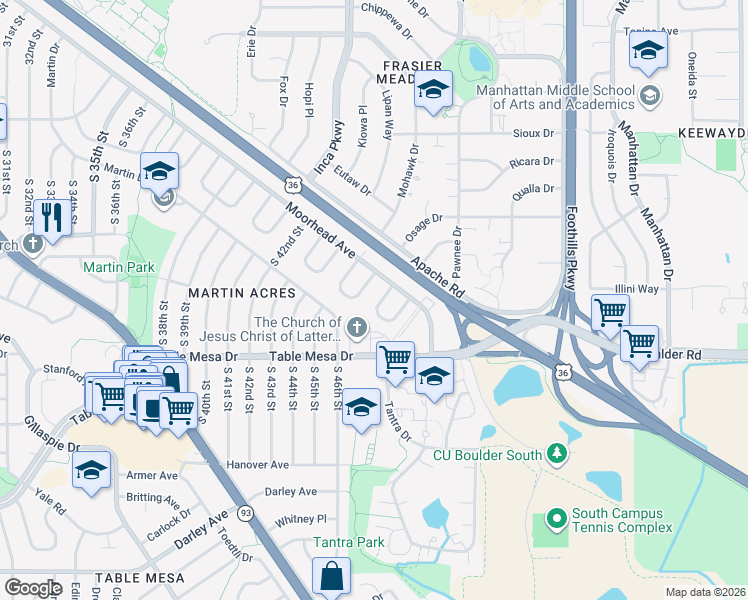 map of restaurants, bars, coffee shops, grocery stores, and more near 4662 Ingram Court in Boulder