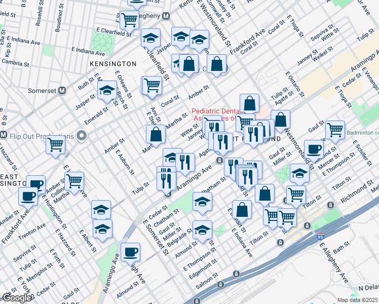 map of restaurants, bars, coffee shops, grocery stores, and more near 3032 Tulip Street in Philadelphia