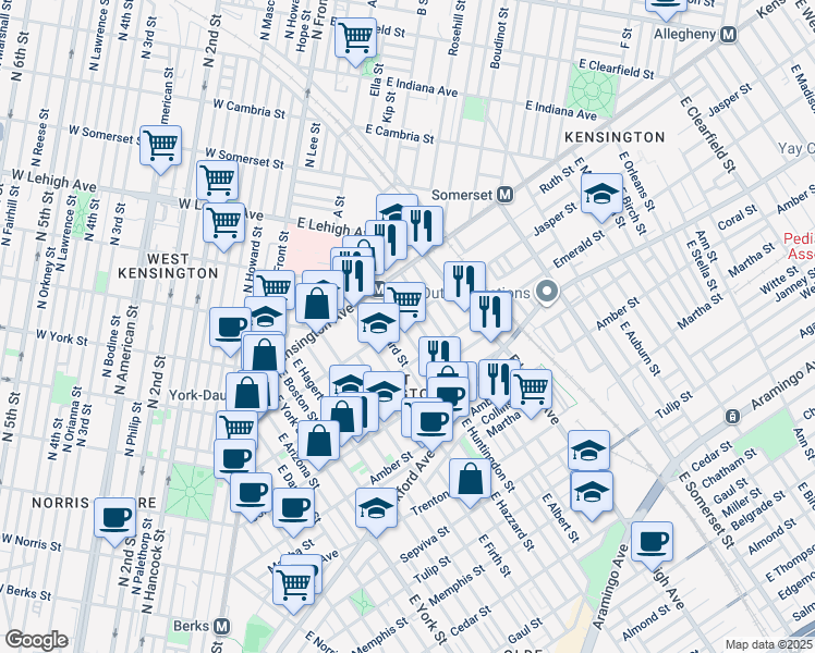 map of restaurants, bars, coffee shops, grocery stores, and more near 1905 East Huntingdon Street in Philadelphia