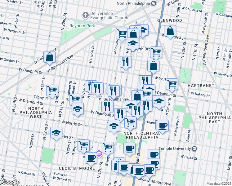 map of restaurants, bars, coffee shops, grocery stores, and more near 2240 North Chadwick Street in Philadelphia