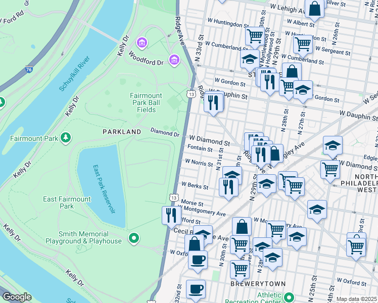 map of restaurants, bars, coffee shops, grocery stores, and more near 3237 Page Street in Philadelphia