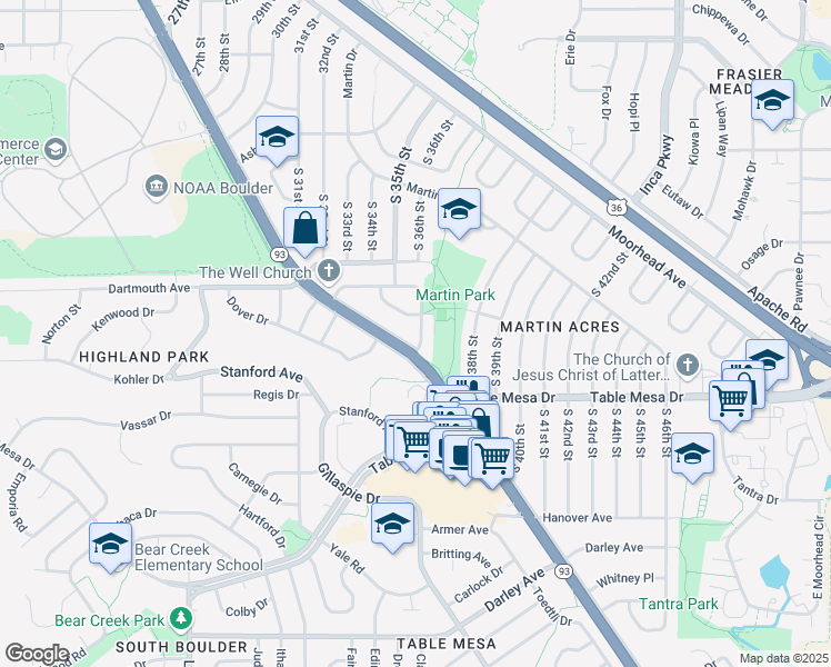 map of restaurants, bars, coffee shops, grocery stores, and more near 489 Harvard Lane in Boulder