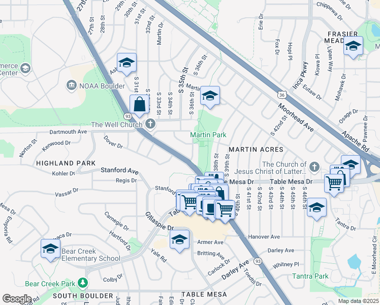 map of restaurants, bars, coffee shops, grocery stores, and more near 355 South 36th Street in Boulder