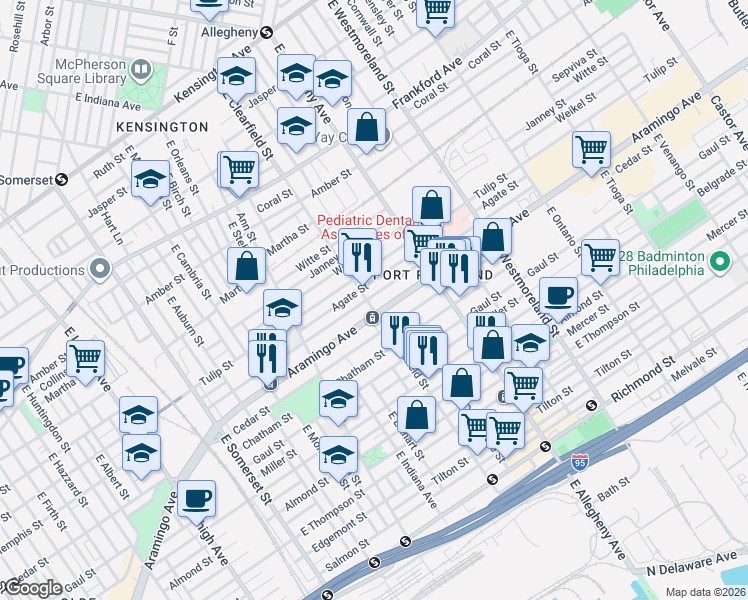 map of restaurants, bars, coffee shops, grocery stores, and more near 3086 Aramingo Avenue in Philadelphia