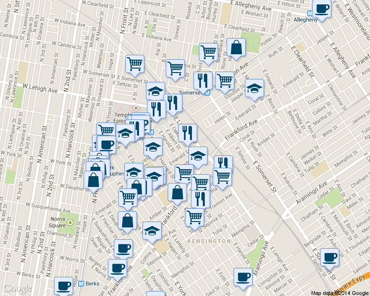 map of restaurants, bars, coffee shops, grocery stores, and more near 2633 Emerald Street in Philadelphia