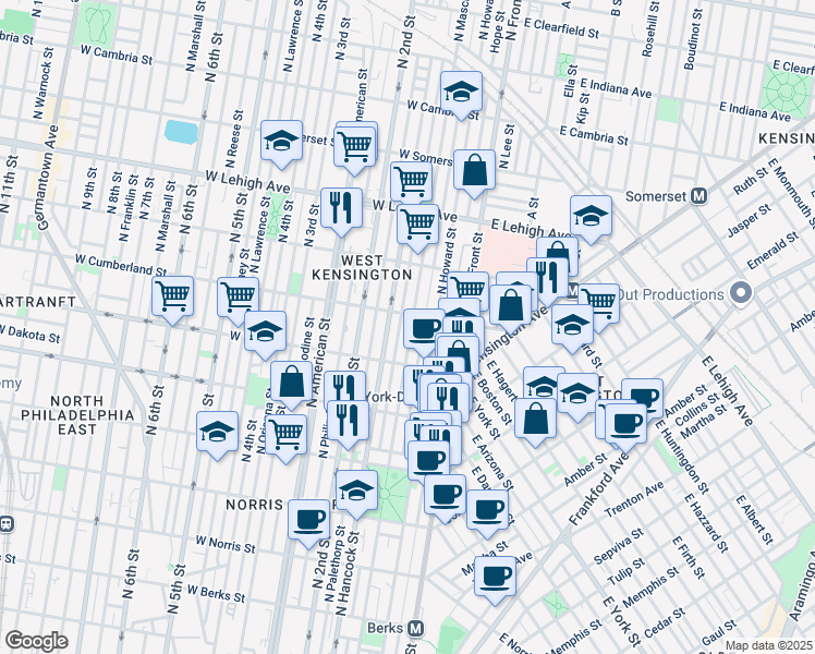map of restaurants, bars, coffee shops, grocery stores, and more near 2415 North Mascher Street in Philadelphia
