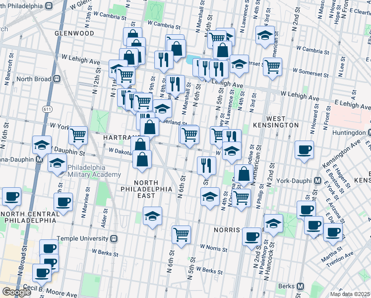 map of restaurants, bars, coffee shops, grocery stores, and more near 2325 North Marshall Street in Philadelphia