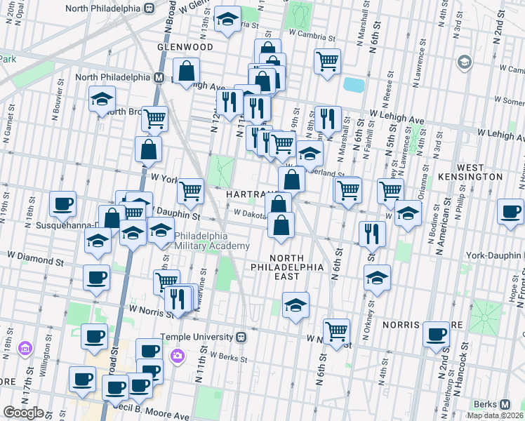 map of restaurants, bars, coffee shops, grocery stores, and more near 935 West Dauphin Street in Philadelphia