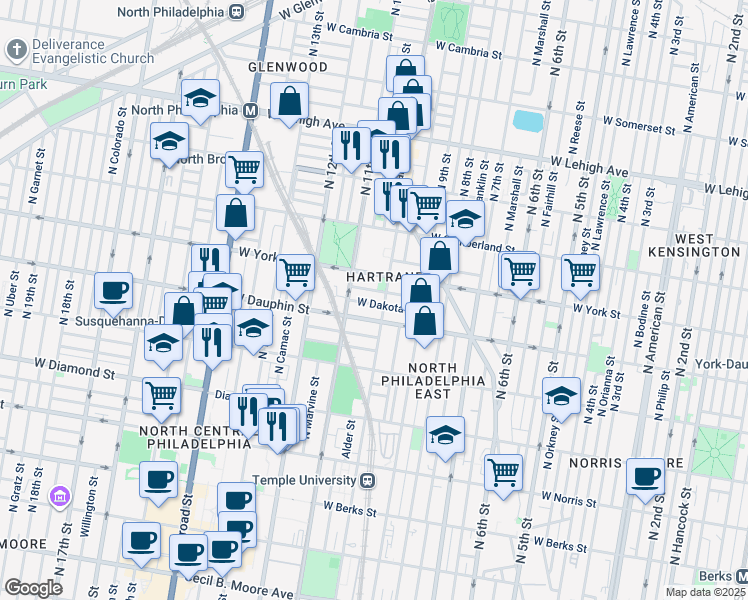 map of restaurants, bars, coffee shops, grocery stores, and more near 1030 West Dauphin Street in Philadelphia