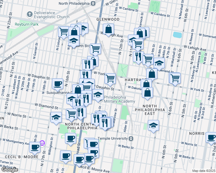 map of restaurants, bars, coffee shops, grocery stores, and more near 2247 North Camac Street in Philadelphia