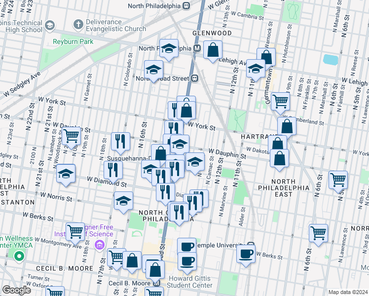 map of restaurants, bars, coffee shops, grocery stores, and more near in Philadelphia